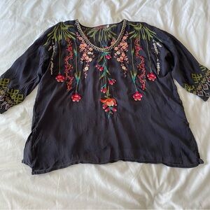 Johnny Was Gia Blouse with Colorful Floral  Embroidery 3/4 Sleeve XS